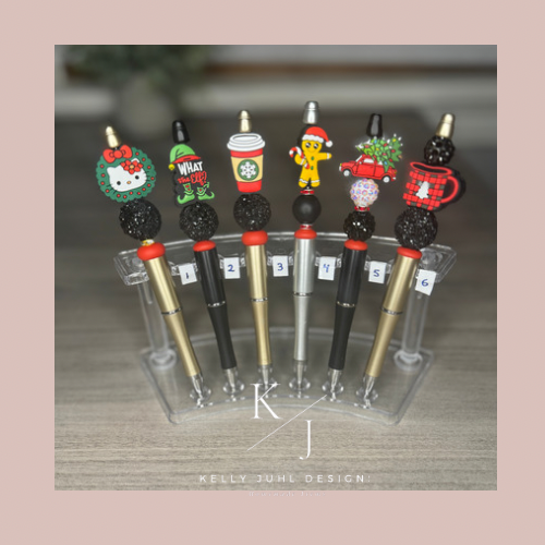 Beaded Holiday Custom Pens:HK Wreath, Elf, Holiday Coffee, Gingerbread Man, Truck with Christmas Tree, Hot Chocolate Mug